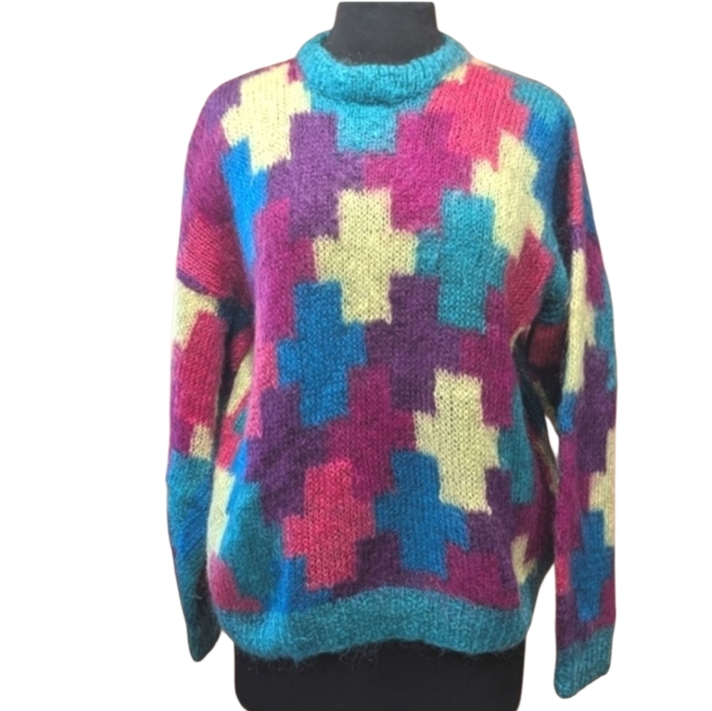 Vintage 90s Handmade Mohair Sweater L? Colorful Bohemian Artsy Puzzle Handknit